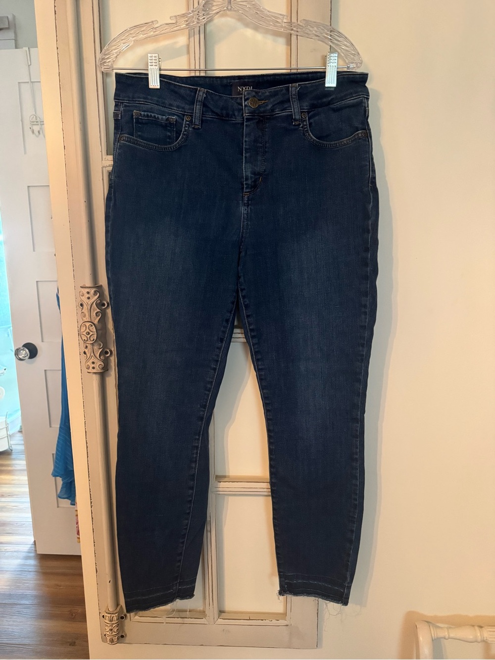NYDJ Indigo High-Rise Skinny Jeans with drop hems